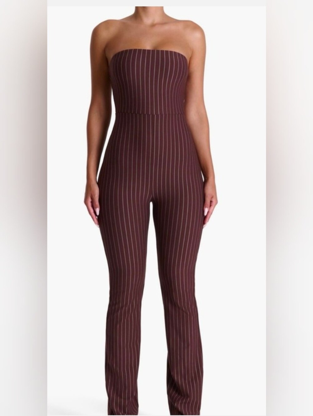 Naked Wardrobe Strapless Pinstripe Jumpsuit in Chocolate Brown
